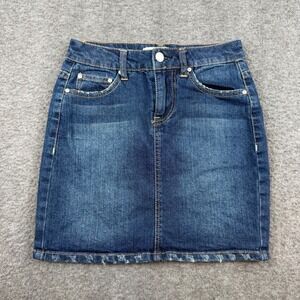 Ivy‎ + Main Denim Mini Skirt Women's Size 0 Blue Distressed Raw Hem Dark Wash